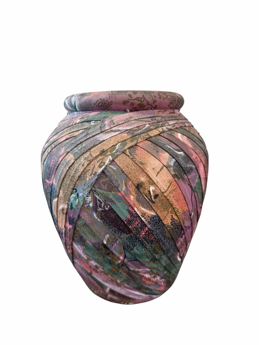 Vintage Fabric Wrapped Vase Planter Boho Abstract Multicolor Art Decor
